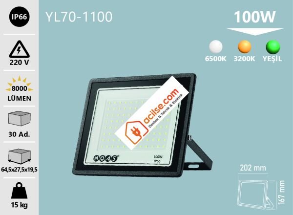 NOAS 100W ULTRA SLİM LED PROJEKTÖR 8000LM-6500K YL70-1100