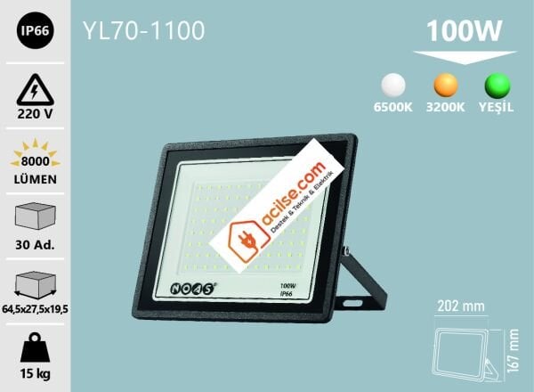 NOAS 100W ULTRA SLİM LED PROJEKTÖR 8000LM-6500K YL70-1100