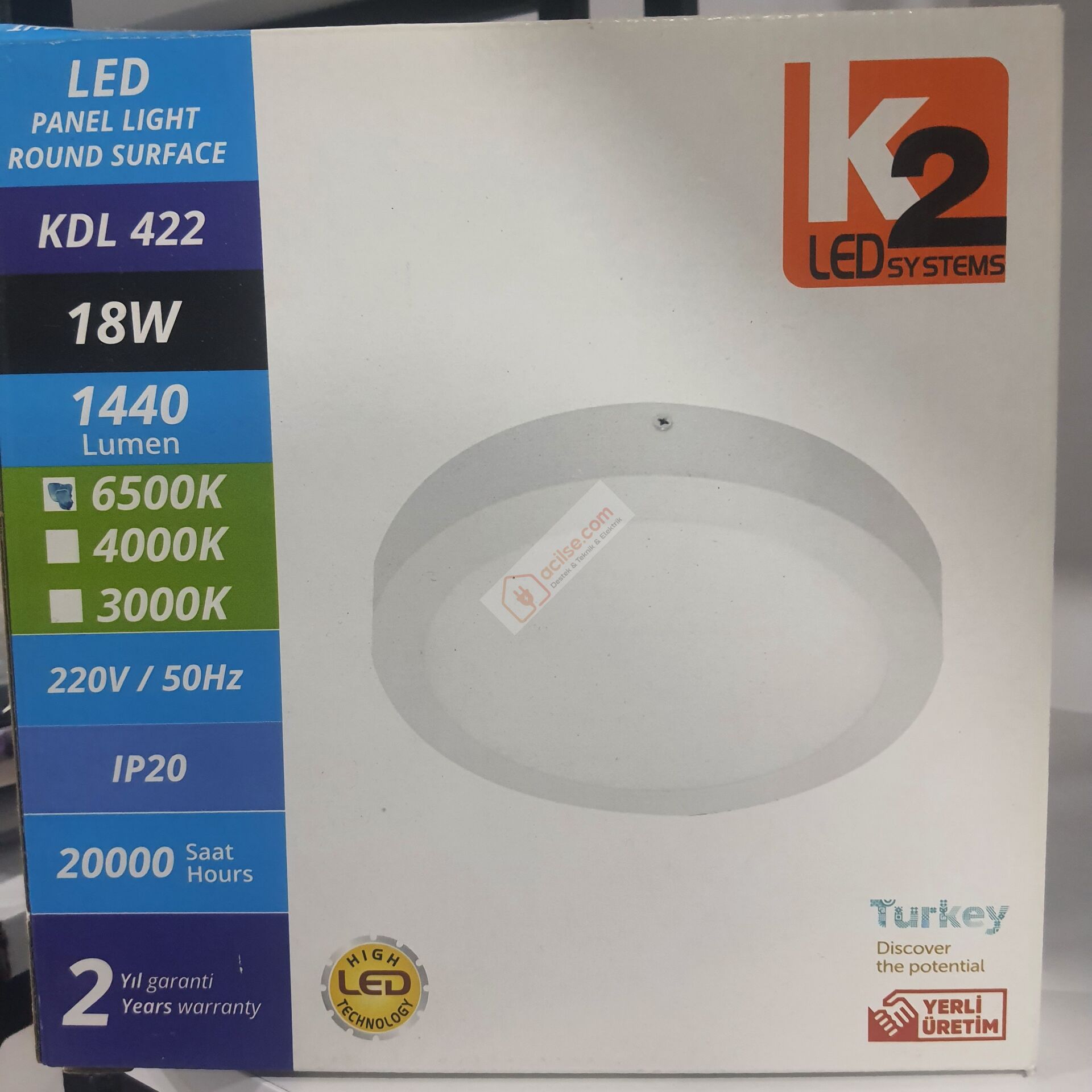 K2 18W 1440 LM SIVA ÜSTÜ YUVALAK PANEL BEYAZ