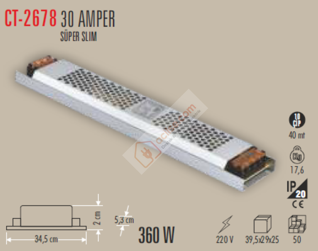 CATA CT 2678 30A 360W ŞERİT LED TRAFOSU FANSIZ SÜPER SLİM