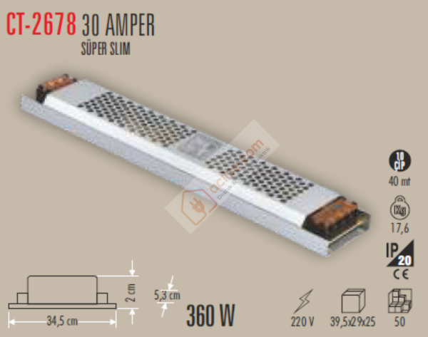 CATA CT 2678 30A 360W ŞERİT LED TRAFOSU FANSIZ SÜPER SLİM
