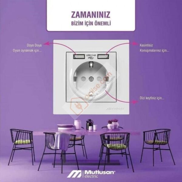 MUTLUSAN RİTA İKİLİ USB TOPRAKLI PRİZ -BEYAZ