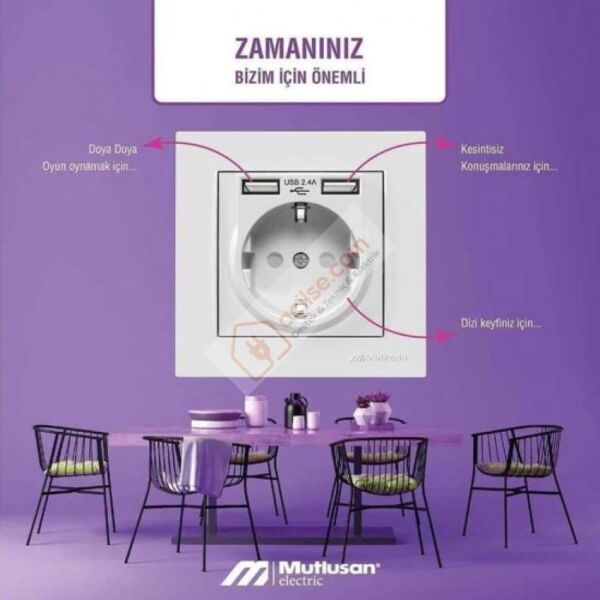 MUTLUSAN RİTA İKİLİ USB TOPRAKLI PRİZ -BEYAZ